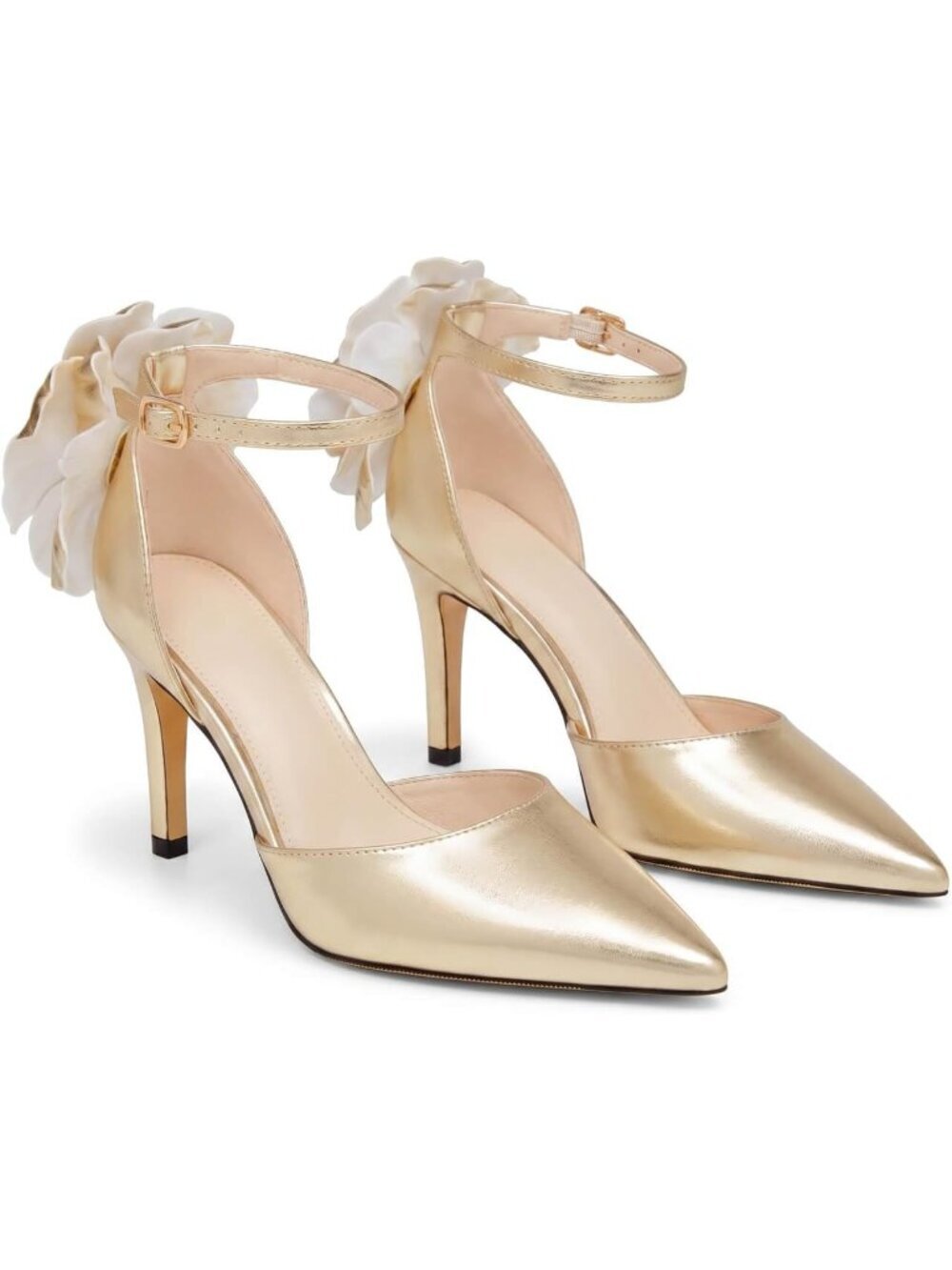 Women's Gold Closed Pointed Toe Heels Flower Ankle Strap Pumps Party Shoes